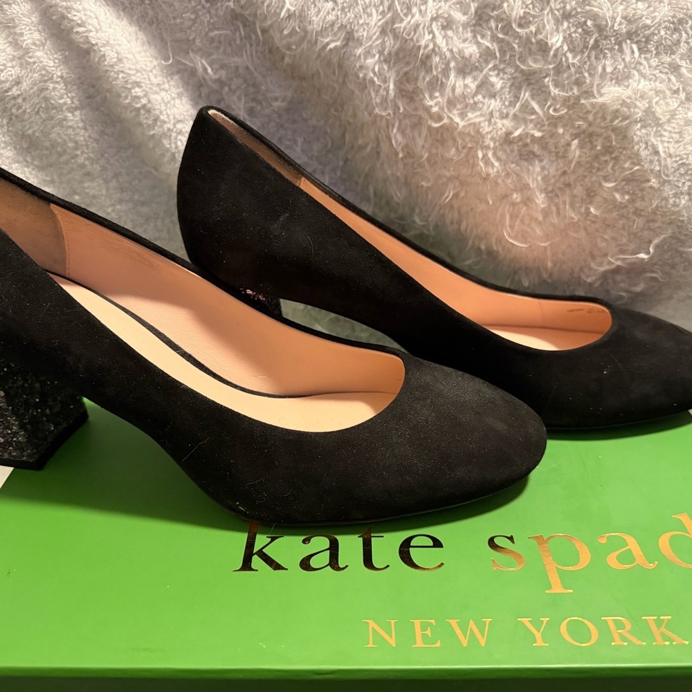 kate spade Black Suede Heels with Glitter Block Heel